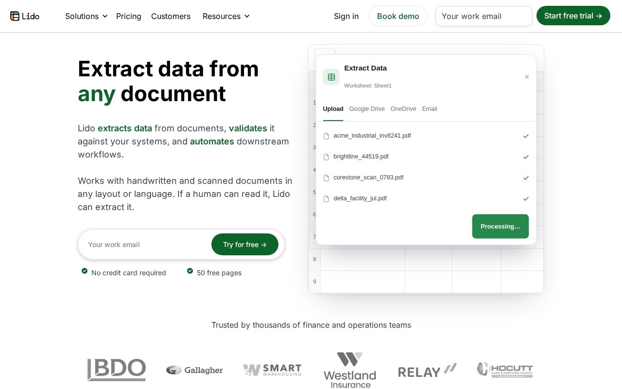 Lido homepage showing invoice documents being extracted into a spreadsheet