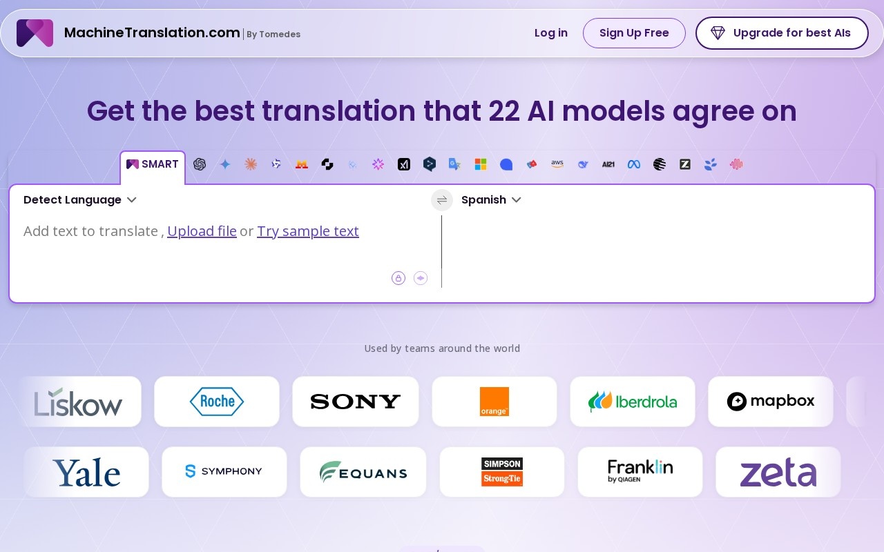 MachineTranslation.com homepage showing a translation agreed on by 22 models
