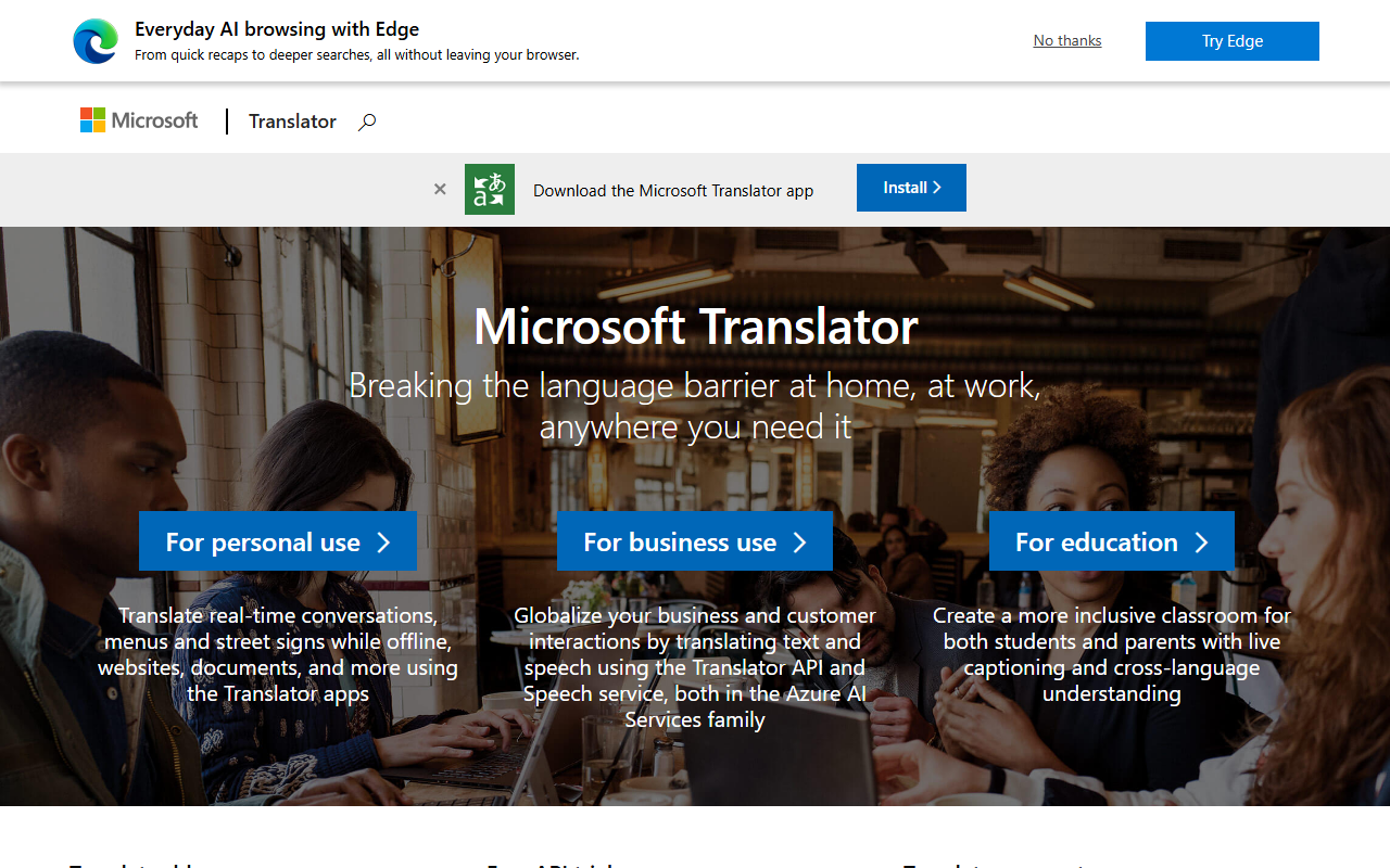 Microsoft Translator homepage split into personal, business and education use