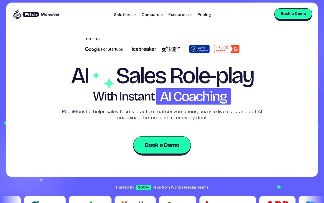 PitchMonster homepage showing AI sales roleplay with instant coaching