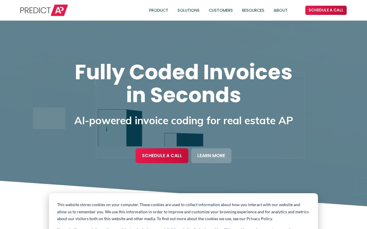 PredictAP homepage describing AI invoice coding for real estate accounts payable