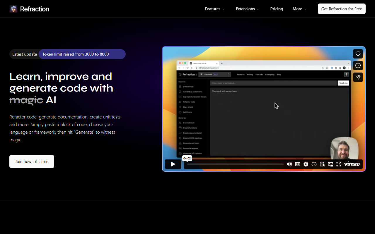 Refraction homepage showing unit test and documentation generation from pasted code