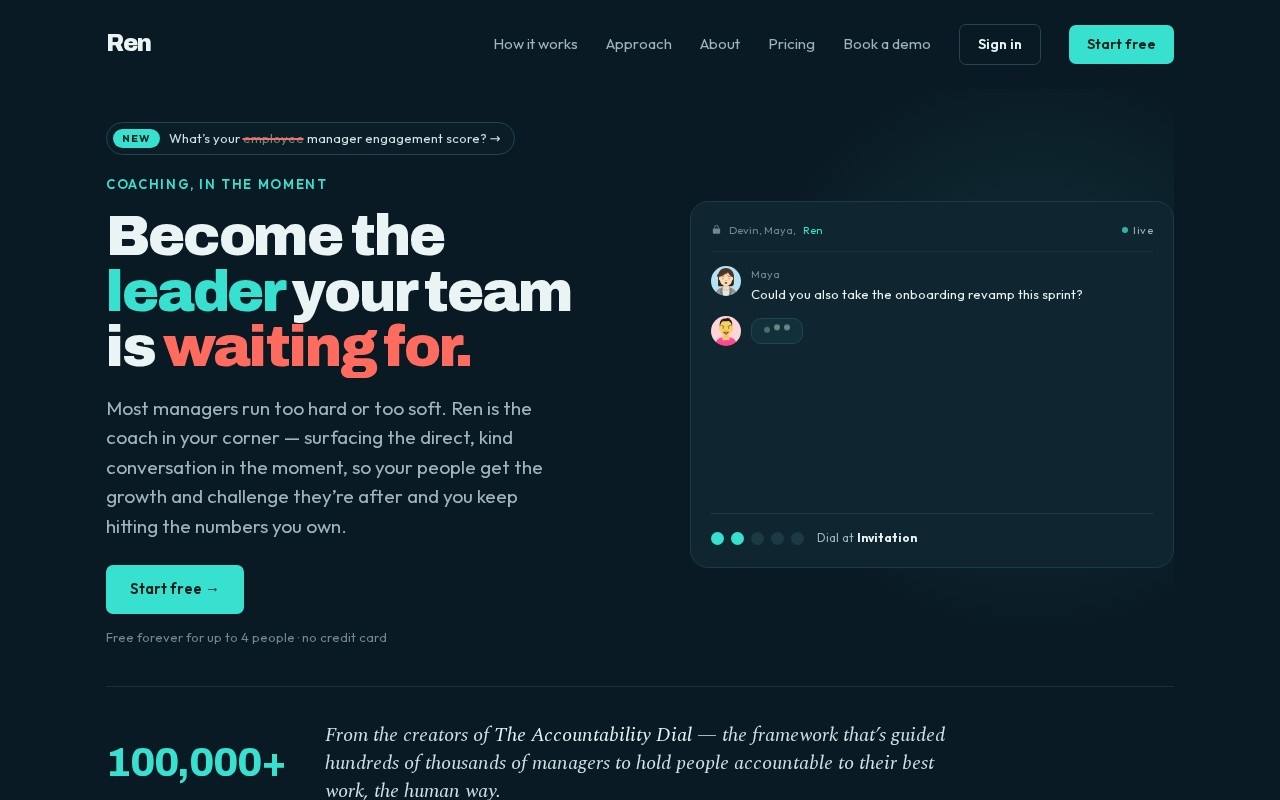 Ren homepage showing in-the-moment coaching for managers