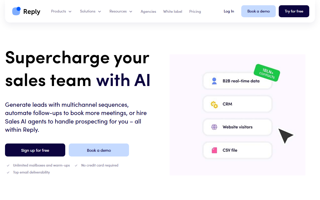 Reply.io home page leading with the Jason AI agent