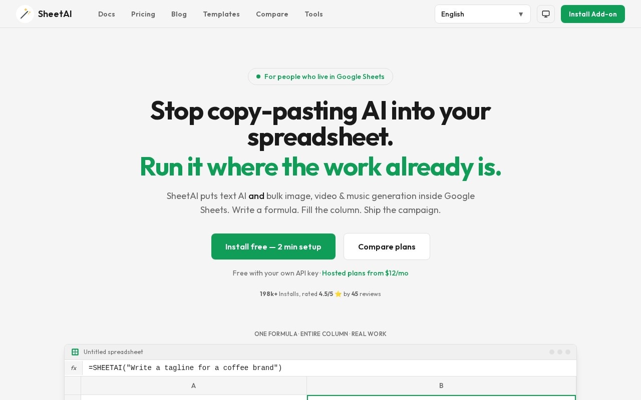 SheetAI.app homepage describing its =SHEETAI formula for Google Sheets