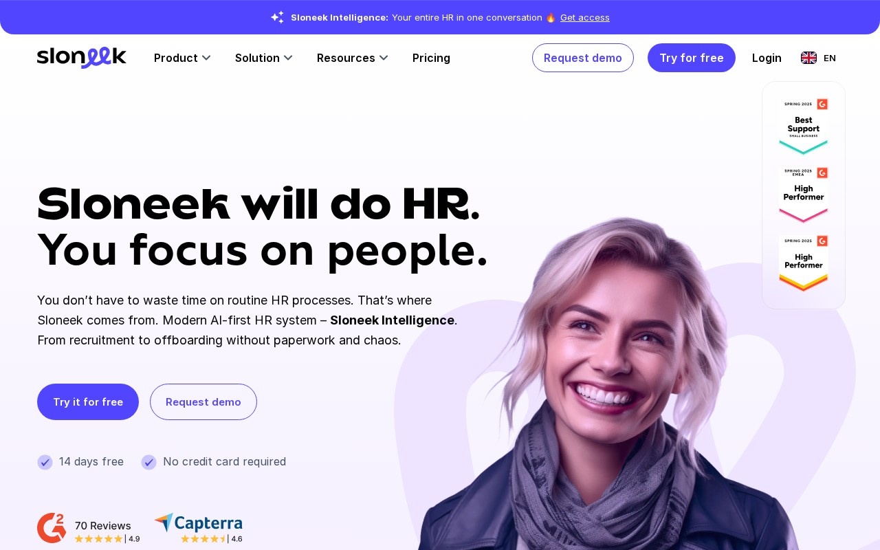 Sloneek homepage describing an all-in-one HR system