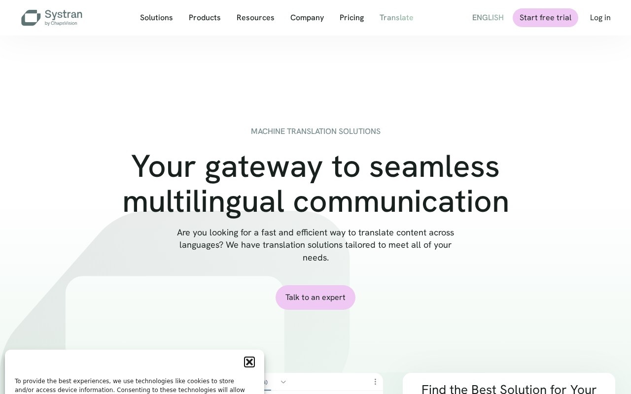 SYSTRAN homepage describing machine translation solutions