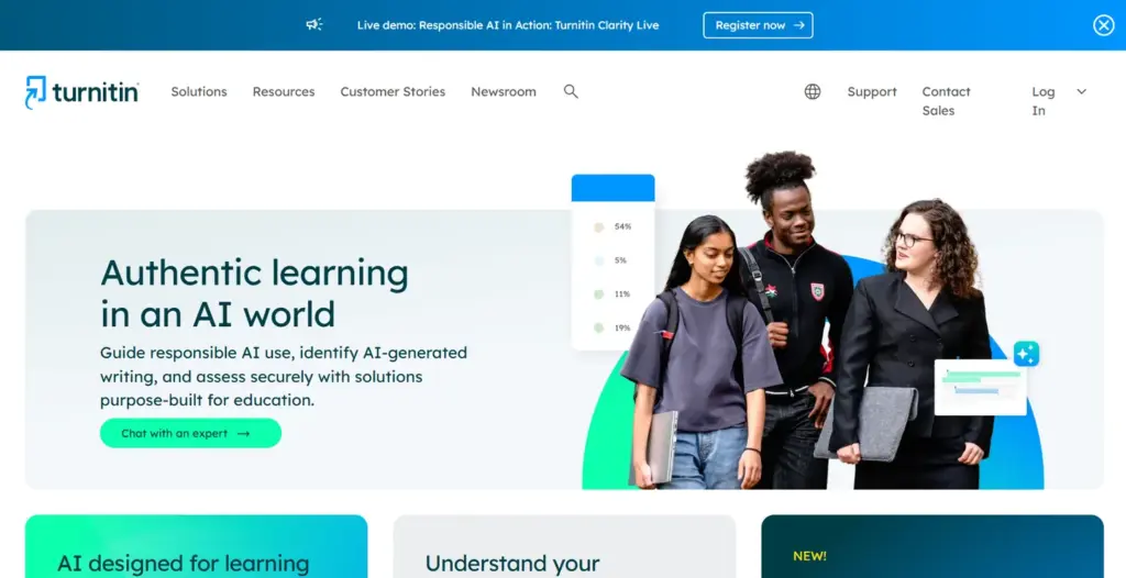 Turnitin homepage showing its authentic learning in an AI world positioning