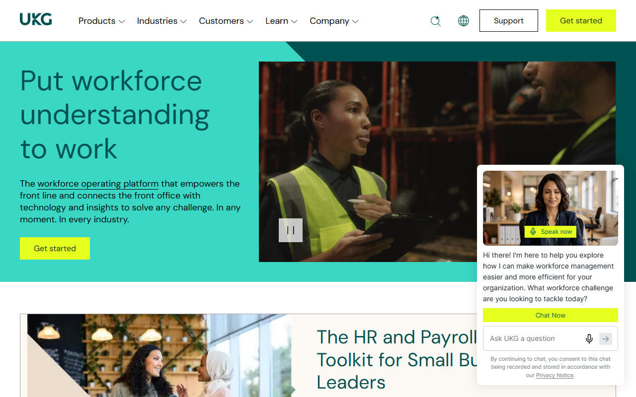 UKG homepage describing its workforce operating platform