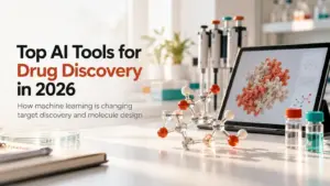 Research lab bench with a glass molecular model and a tablet showing a protein structure