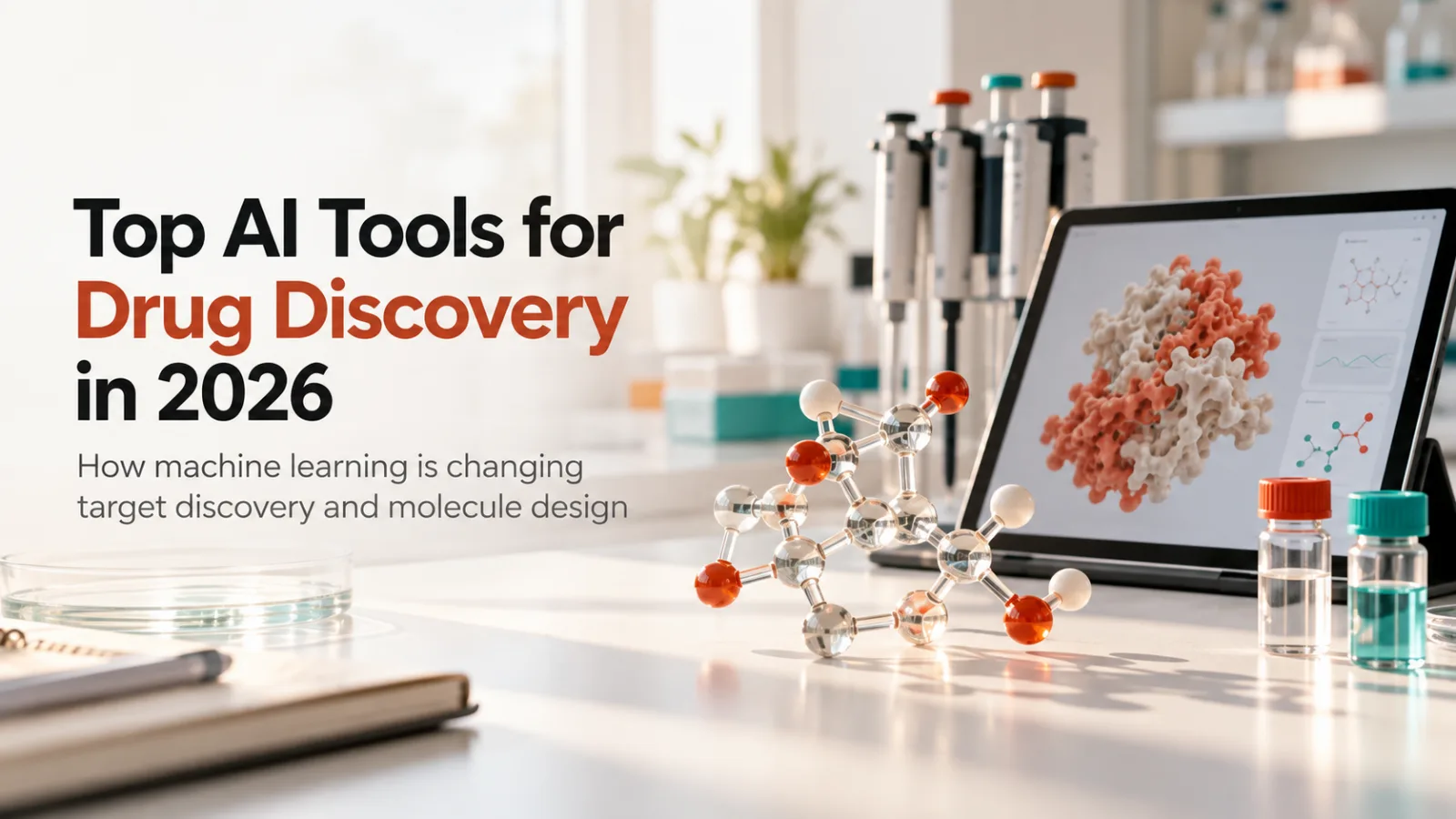 Research lab bench with a glass molecular model and a tablet showing a protein structure