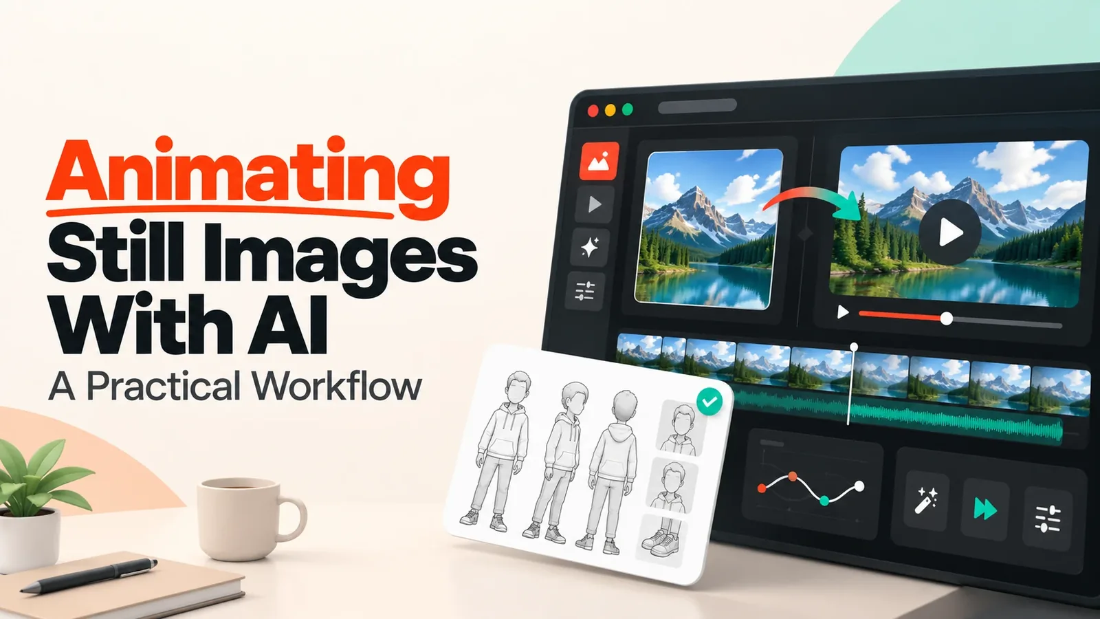 Animating still images with AI: an image-to-video editor turning a mountain lake photo into video, beside a character reference sheet