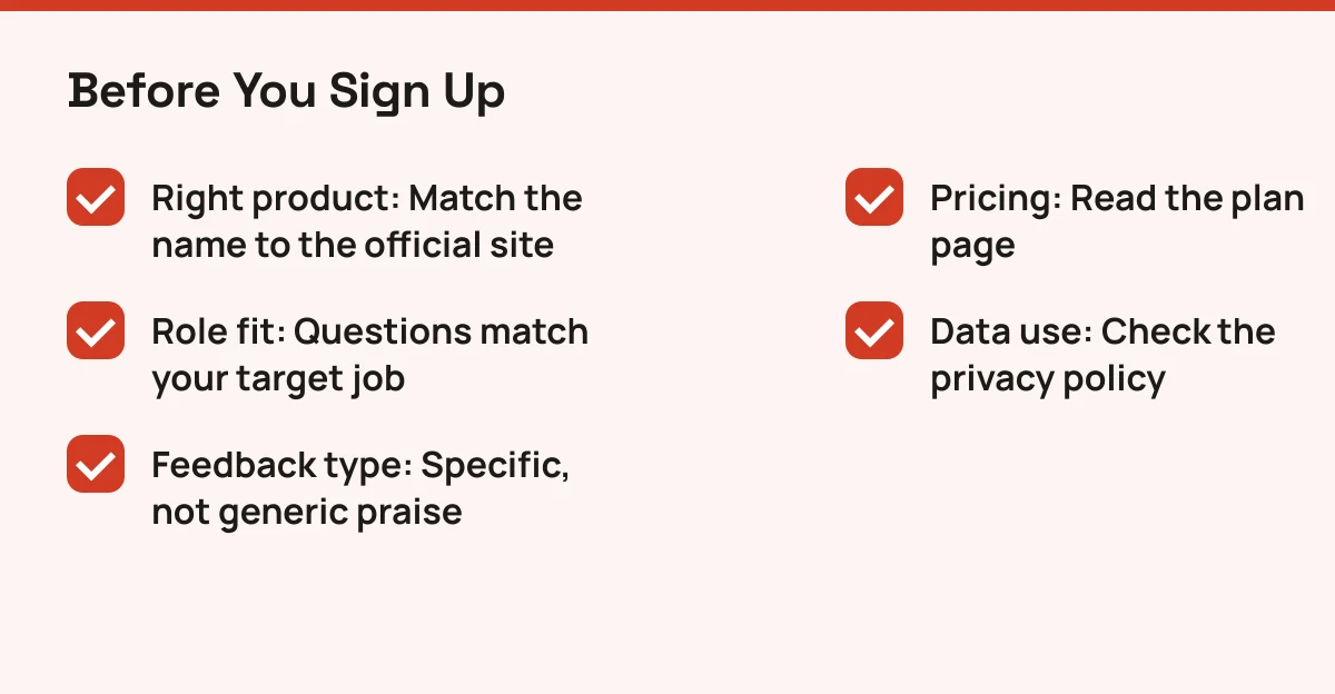 Checklist for evaluating an AI interview practice tool such as InterviewGPT before signing up