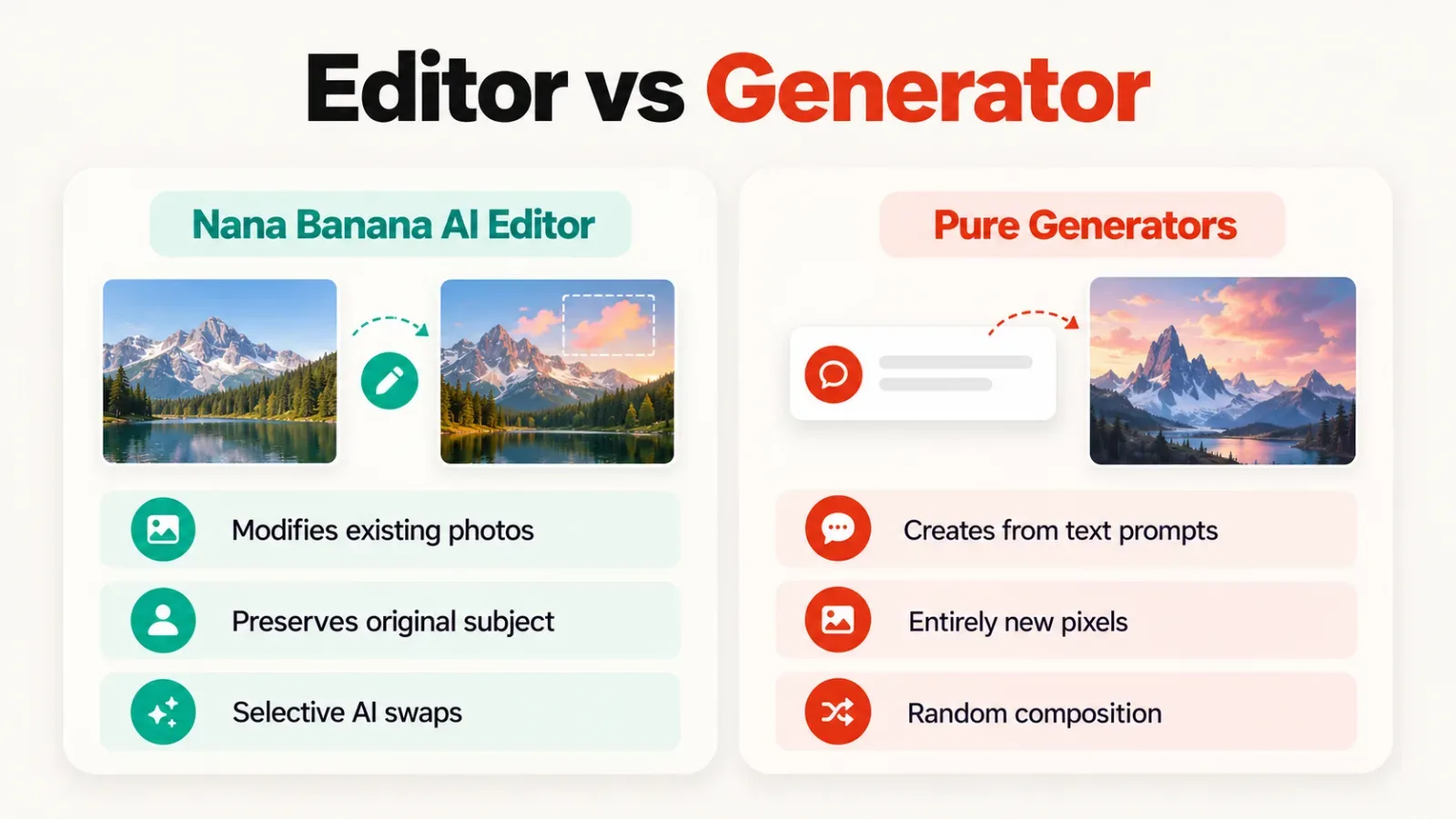 A table comparing the functions of an AI image editor versus a pure AI image generator.
