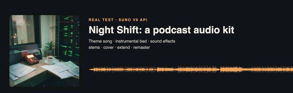 Night Shift podcast audio kit made with the Suno V6 API, showing the auto-generated cover art and the theme song waveform