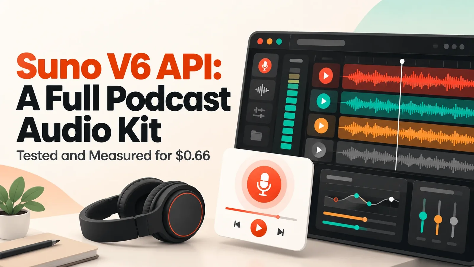 Suno V6 API podcast audio kit: a multitrack audio editor with coloured waveforms and a podcast microphone player card
