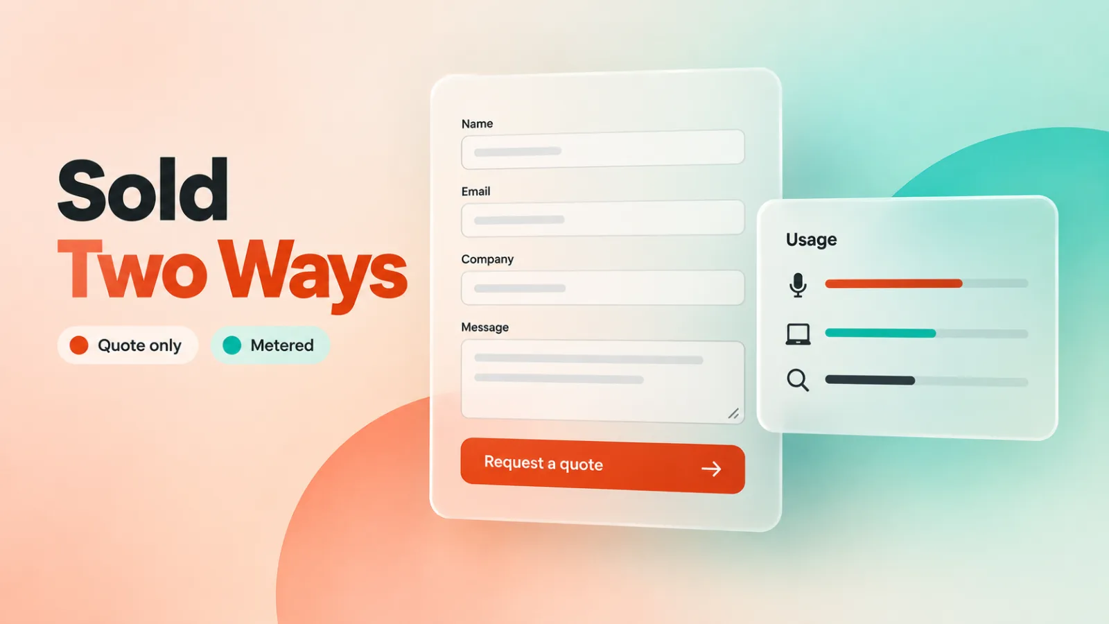 Two frosted interface cards, a large request-a-quote form beside a smaller usage meter